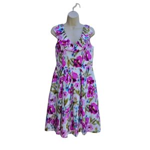 Madison Purple/Pink/White Satin Type Sleeveless Dress. Pockets Sz 8